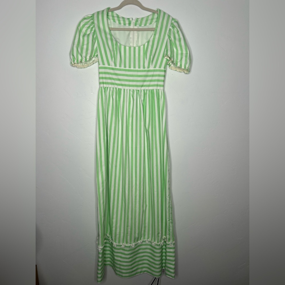 Vintage Handmade Mint Green Off White Stripe Maxi Dress Puff Sleeve 1970's